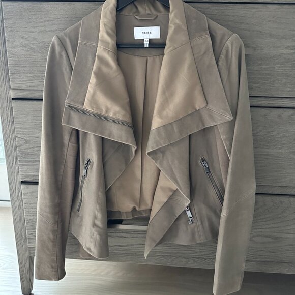 NWT REISS Rae Rib Sleeve Leather Jacket In Stone - Picture 6 of 12